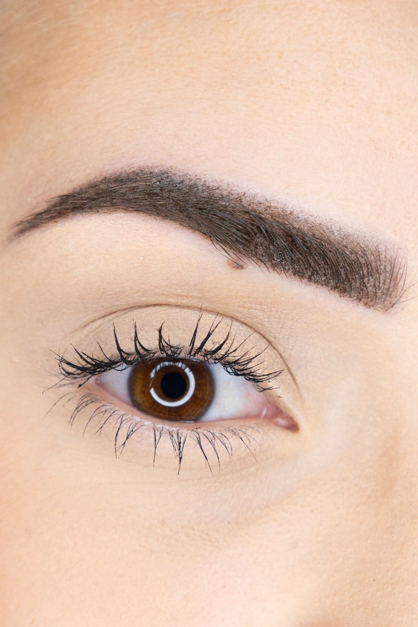 Sopracciglio in powder brows appena eseguito, sopra un occhio castano: effetto sfumato, senza tratti a pelo
